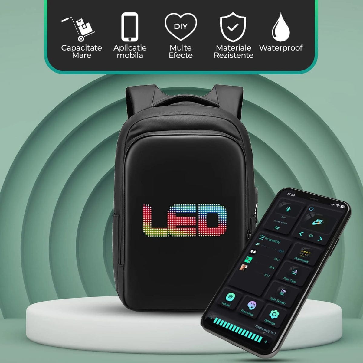 Ghiozdan Smart cu Display LED, WiFi, Waterproof, Aplicatie Dedicata iOS/Android, Port USB Extern, cu 2105 lumini, 3 compartimente, 23L, suport laptop/tableta, pentru calatorie, scoala sau serviciu, Negru