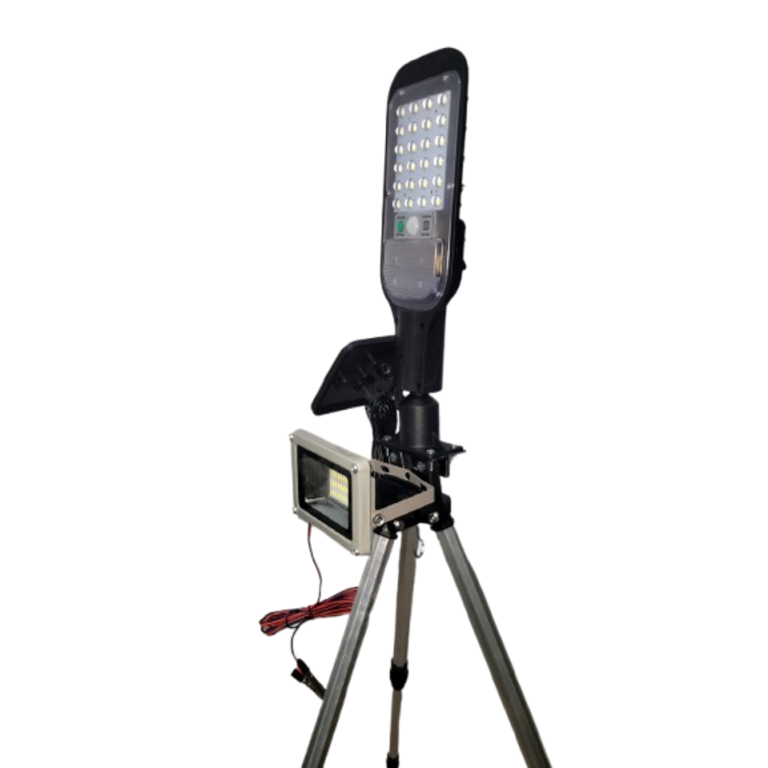 Set ilumunat stand pescuit , camping , curte Trepied+proiector solar sau USB +proiector 12v 10w Autonomie pana la 12 ore ,doi acumulatori cu total de 14000 mAh