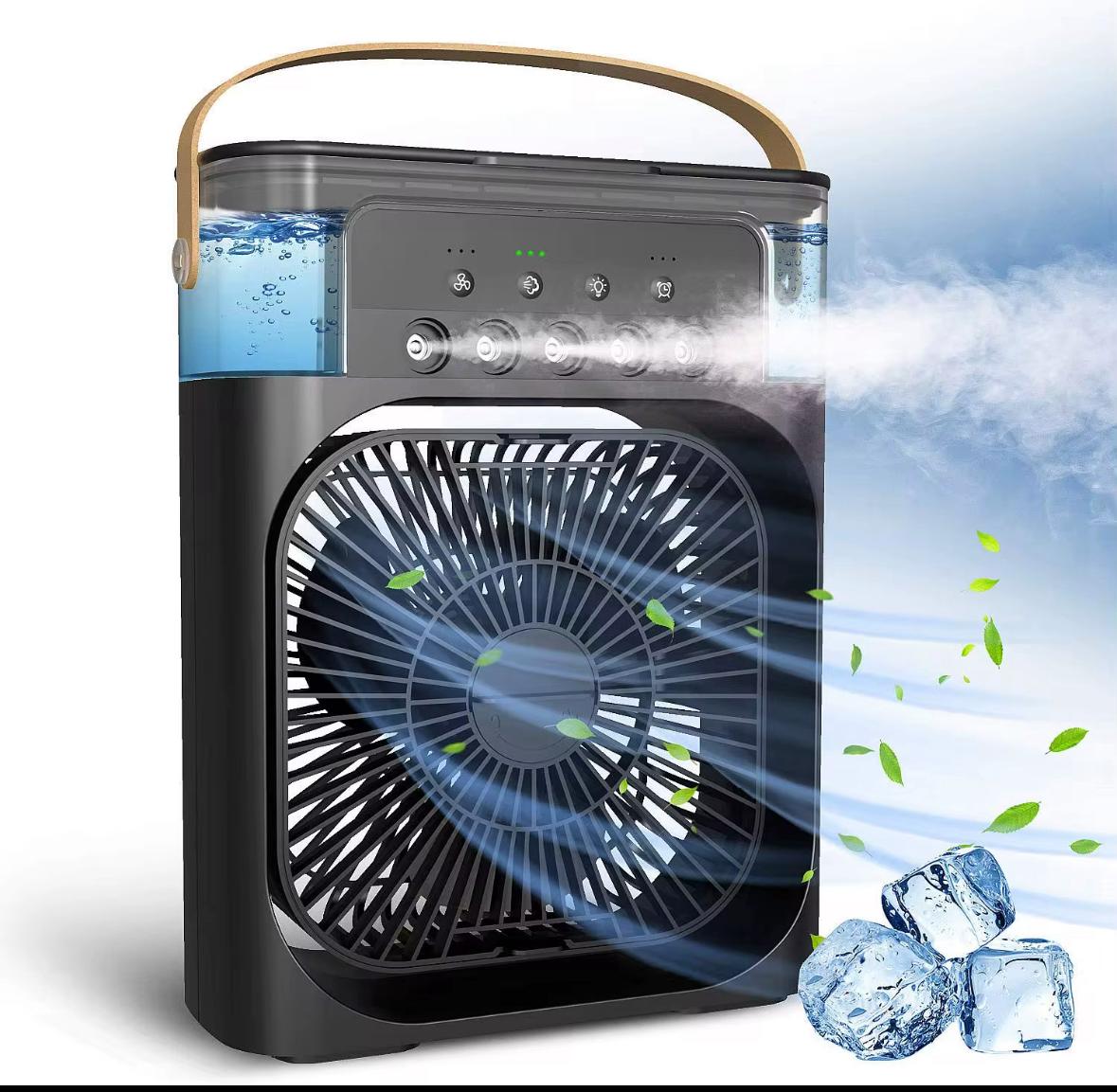 Ventilator portabil 3 în 1 cu pulverizare: racorire, umidificare și iluminare în 7 culori