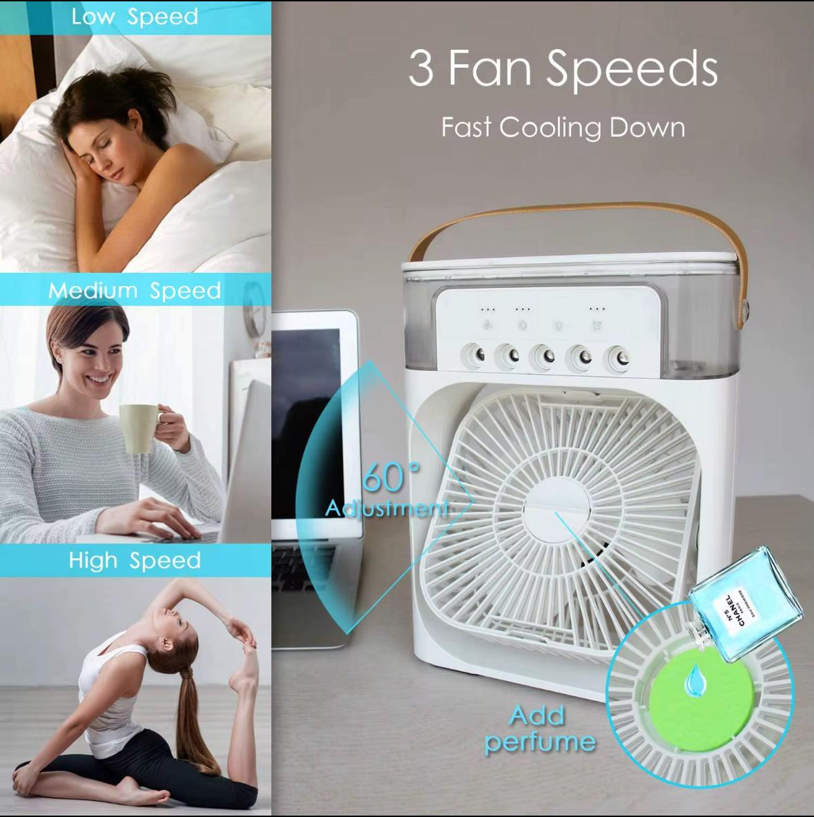 Ventilator portabil 3 în 1 cu pulverizare: racorire, umidificare și iluminare în 7 culori