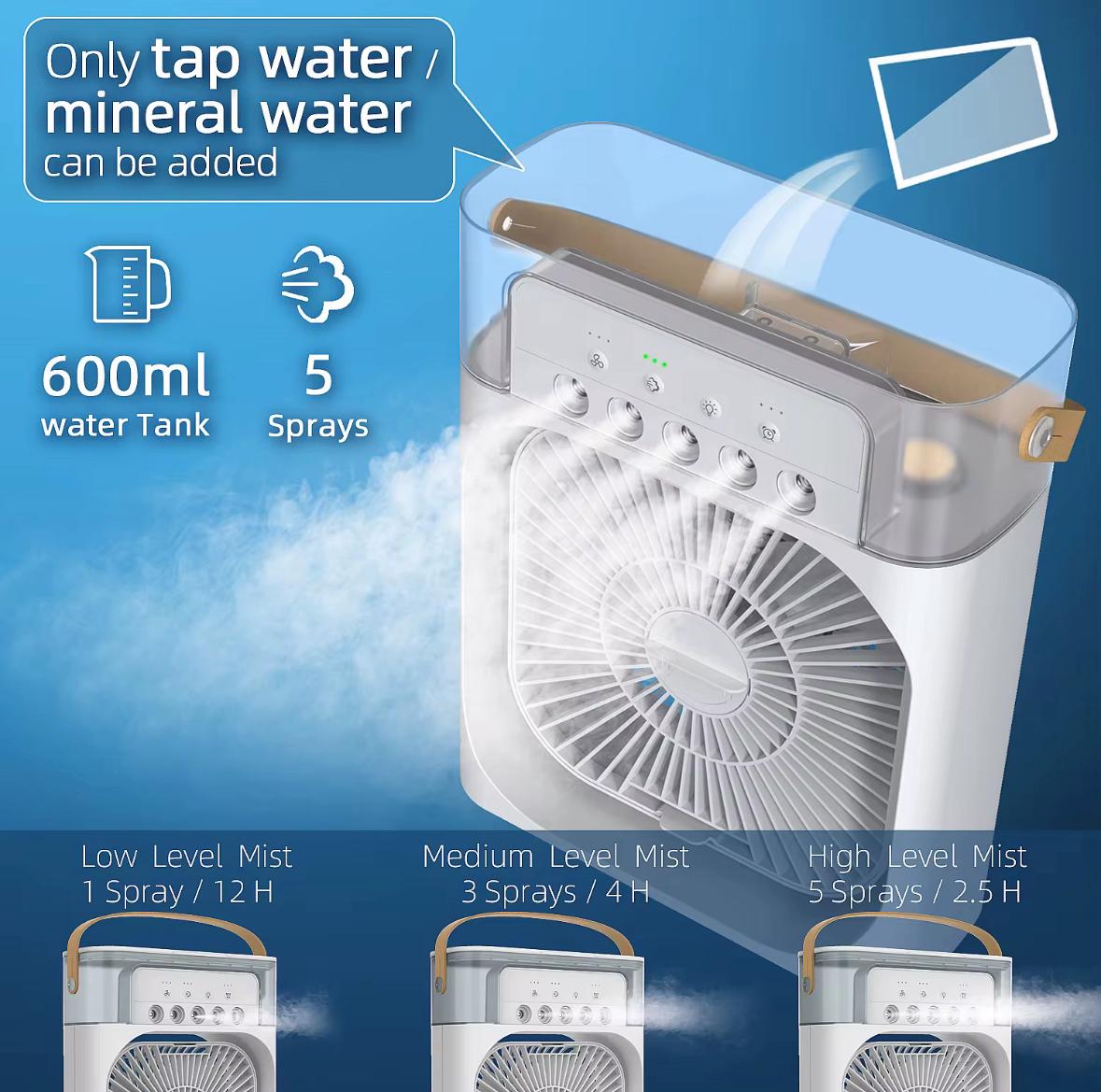 Ventilator portabil 3 în 1 cu pulverizare: racorire, umidificare și iluminare în 7 culori