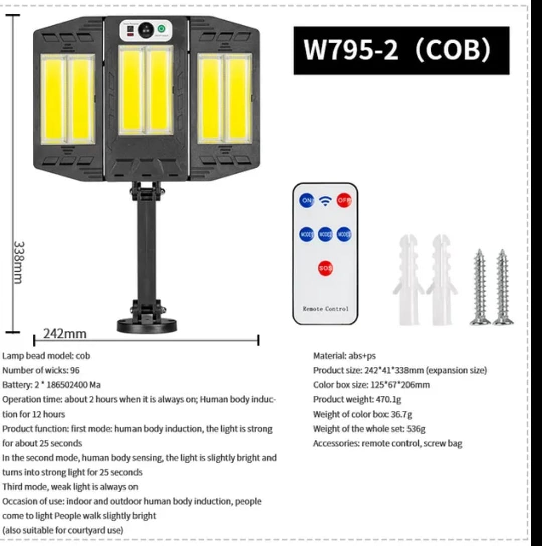 Lampa solara tripla 6 led cob mare cu senzor de miscare ,telecomanda ,senzor de lumina 360 led cob