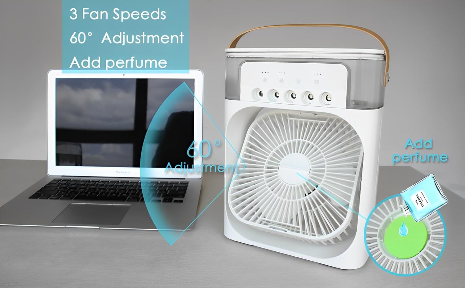 Ventilator portabil 3 în 1 cu pulverizare: racorire, umidificare și iluminare în 7 culori