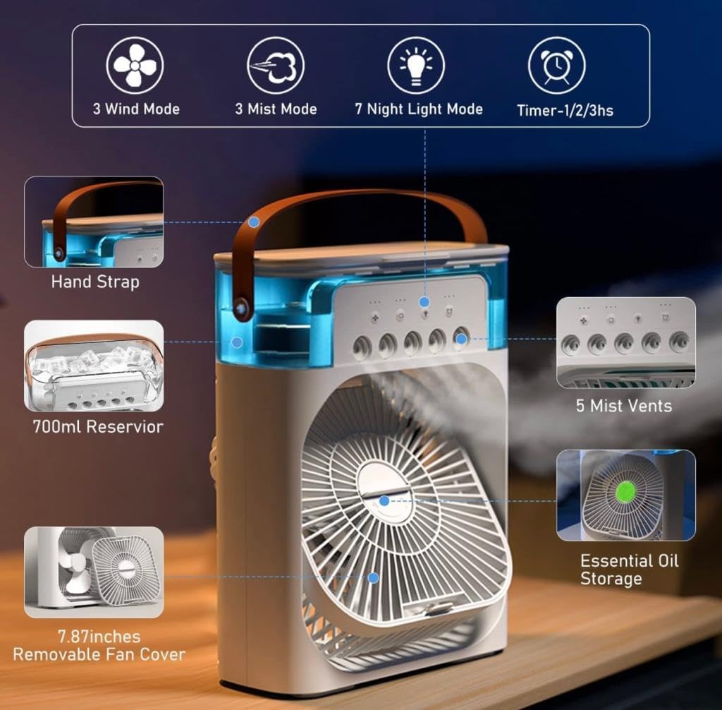 Ventilator portabil 3 în 1 cu pulverizare: racorire, umidificare și iluminare în 7 culori