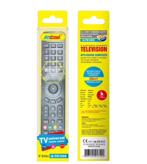 Telecomanda TV universala Andowl Q-YK1005 compatibila cu majoritatea TV-urilor de pe piata. Taste dedicate Smart TV, Netflix, Youtube, Google Play, Prime Video, www. Nu necesita setari suplimentare pentru televizoarele LG / SONY / SAMSUNG.