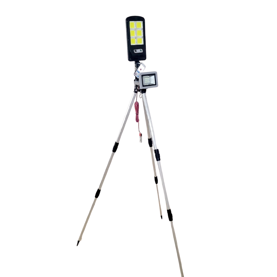 Kit iluminat Pescuit de noapte compus din Trepied h 110cm cu Lampa Solara 30w autonomie 3-4-6ore si Proiector 12v 10w