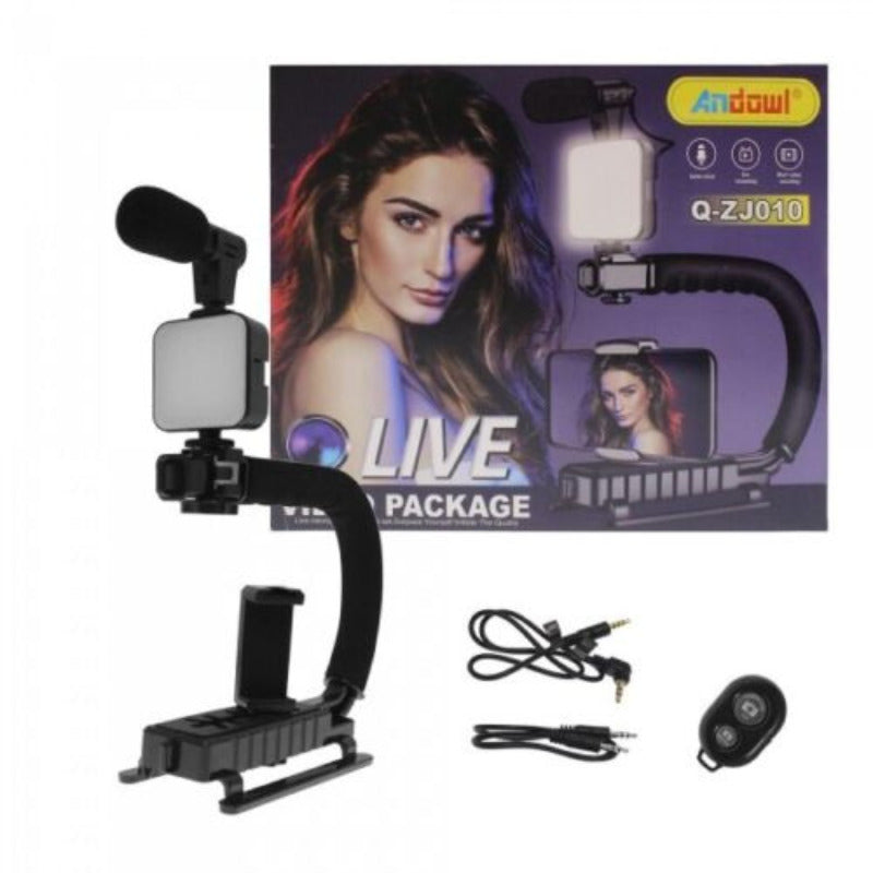 Q-ZJ010 VLOG Suport pentru telefon mobil sau camera Andowl cu mâner în C, lumină LED și microfon negru