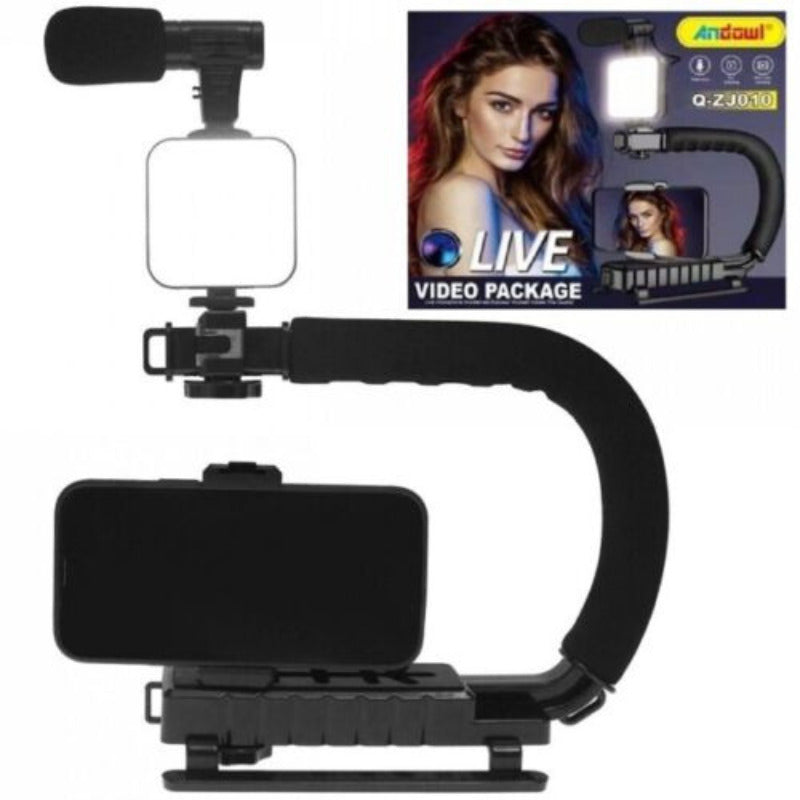 Q-ZJ010 VLOG Suport pentru telefon mobil sau camera Andowl cu mâner în C, lumină LED și microfon negru