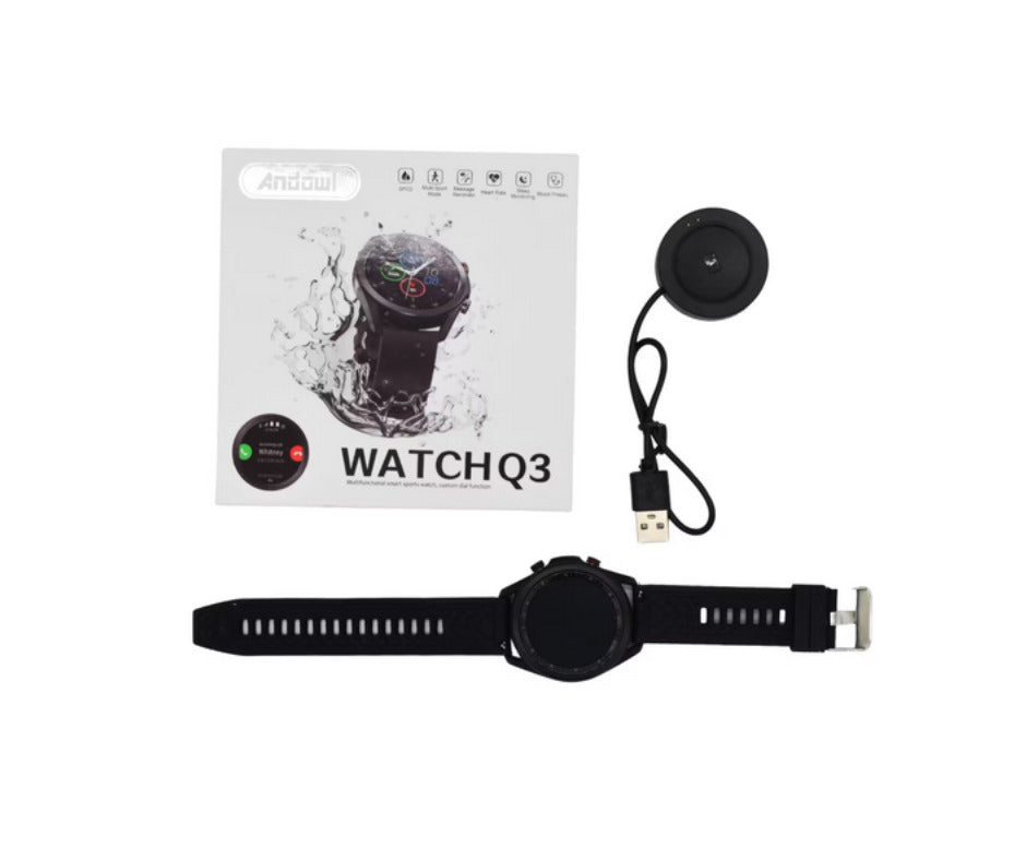 Ceas smartwatch Andowl Watch Q3, waterproof, multisport, apel bluethoot 5.0, notificari, pedometru, monitorizarea ritmului cardiac si a tensiunii, monitorizarea calitatii somnului, negru