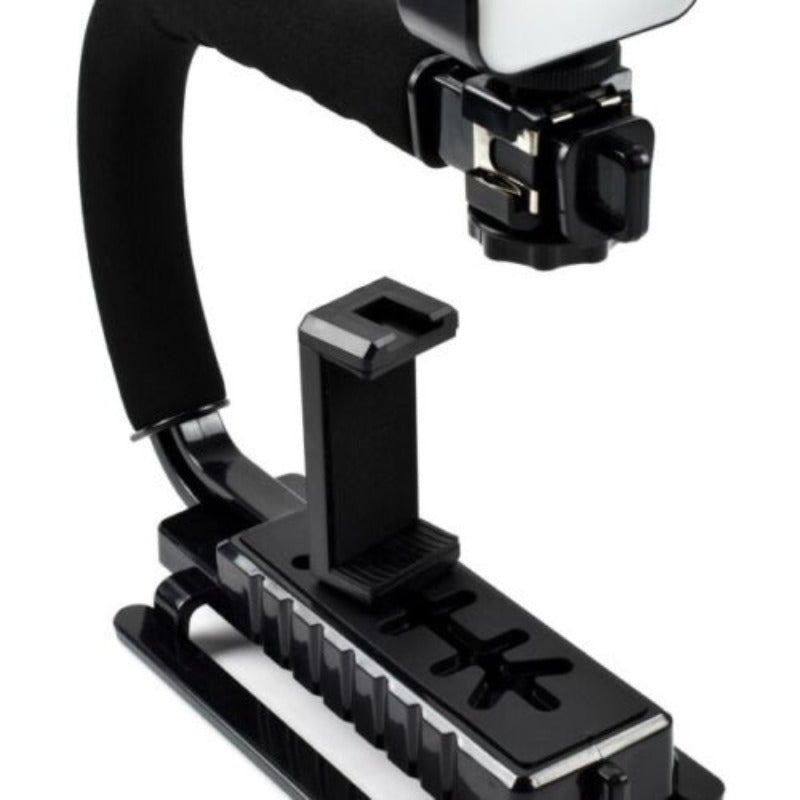 Q-ZJ010 VLOG Suport pentru telefon mobil sau camera Andowl cu mâner în C, lumină LED și microfon negru