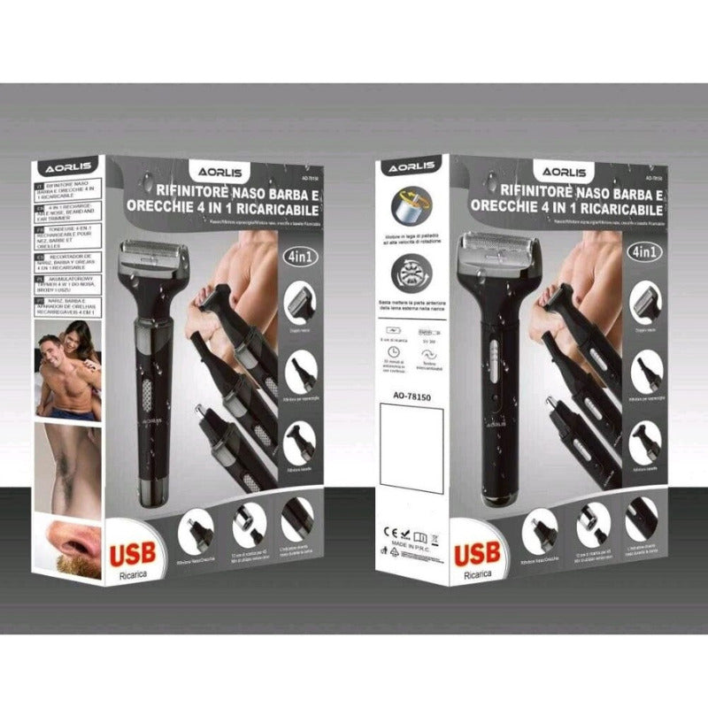 Set de Ingrijire 4in1 MEN, Aparat de Ras Corp si Barba, Tuns Sprancene, Trimmer Nas-Urechi, Rezistent la Apa, Utilizare fara Fir, Reincarcabil USB Grooming Kit 4in1 AO-78150