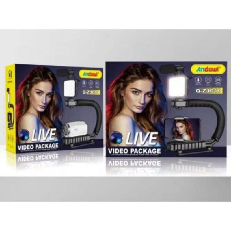 Q-ZJ010 VLOG Suport pentru telefon mobil sau camera Andowl cu mâner în C, lumină LED și microfon negru