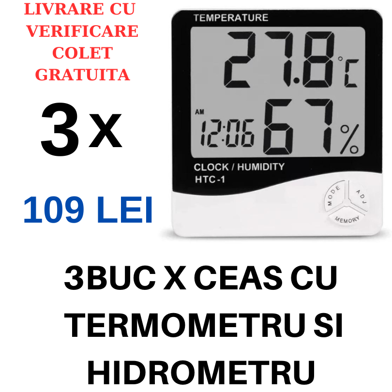 LIVRARE GRATUITA 3 BUC X CEAS TERMOMETRU, HIGROMETRU DIGITAL DE CAMERA - AFISARE ORA, TEMPERATURA, UMIDITATE