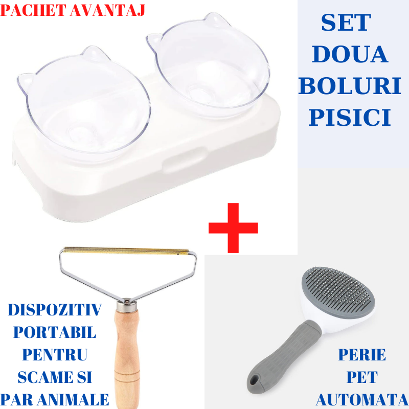 Pachet avantaj: Set boluri pisici Cu suport+Perie par pet automata+dispozitiv indeparta scame/par