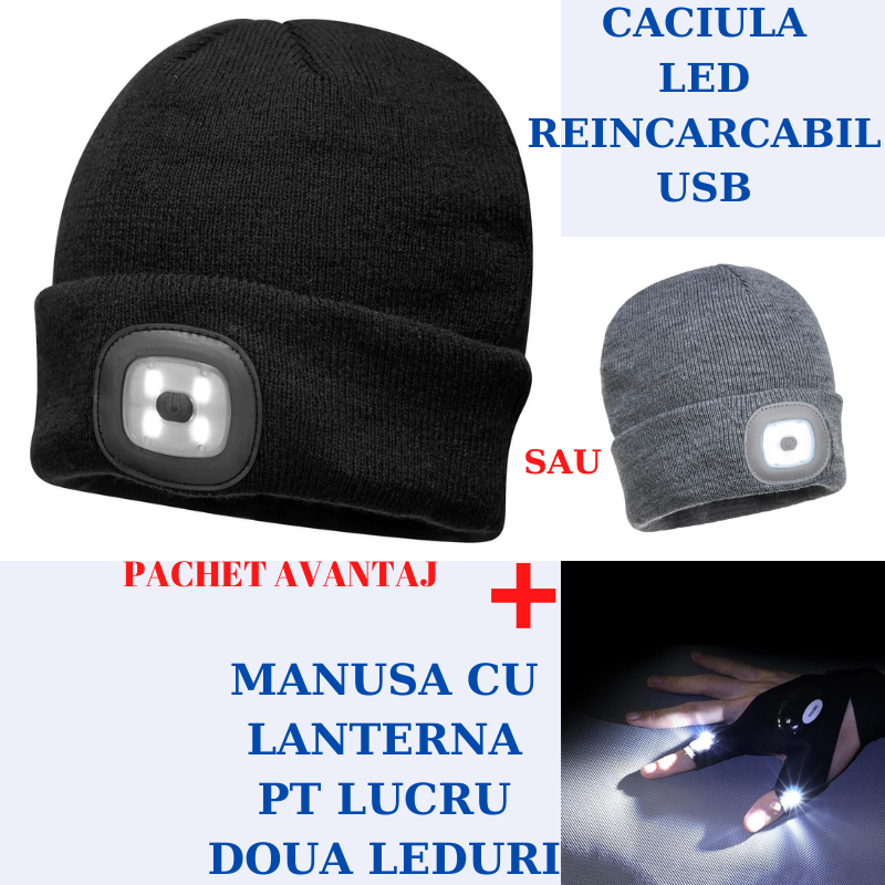 Pachet avantaj:Caciula cu led reincarcabil usb si manusa de lucru cu doua leduri