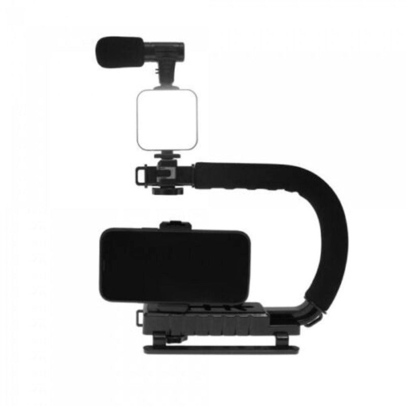 Q-ZJ010 VLOG Suport pentru telefon mobil sau camera Andowl cu mâner în C, lumină LED și microfon negru