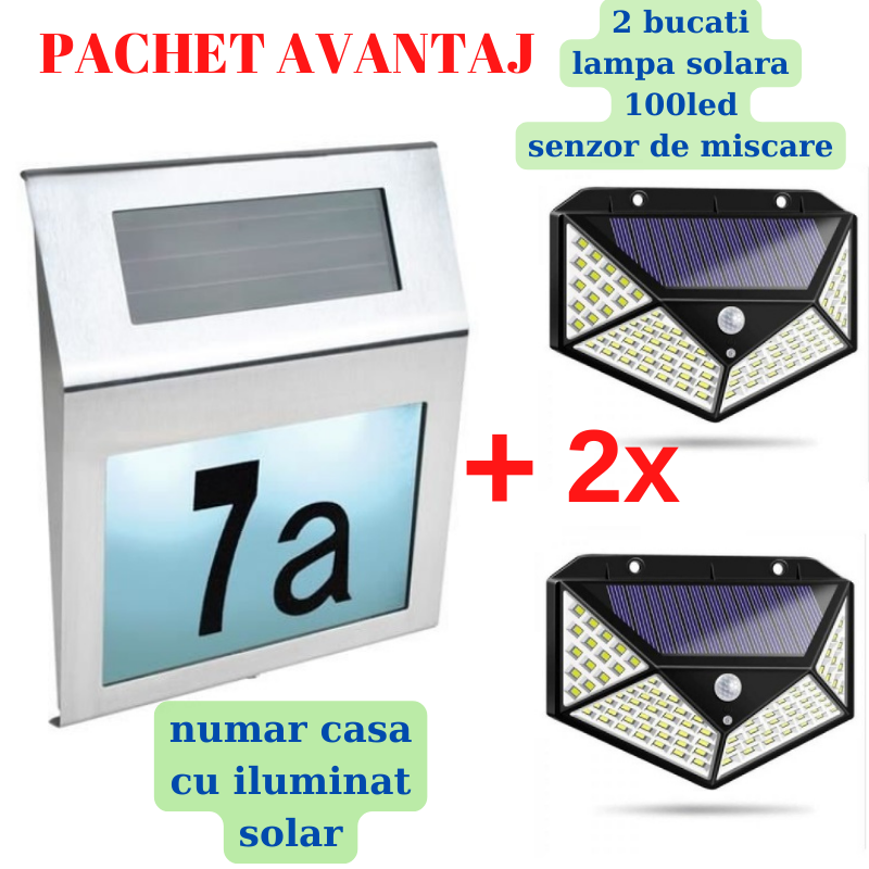 LIVRARE GRATUITA Numar De Casa Cu Iluminare Led Si Panou Solar + 2buc Lampa solara cu senzor de miscare, 100 LED