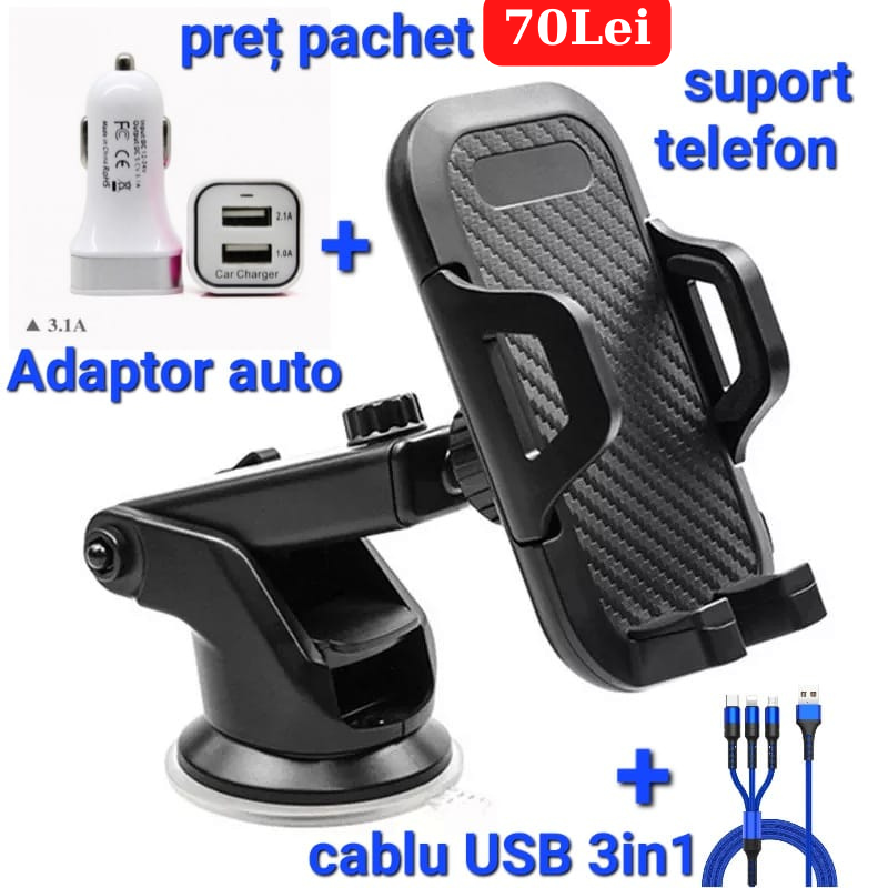 Livrare Gratuita Suport Telefon Telescopic Cu Ventuza + Incarcator Telefon Auto + Cablu USB 3in1(Iphone,Usb-C,MicroUSB)