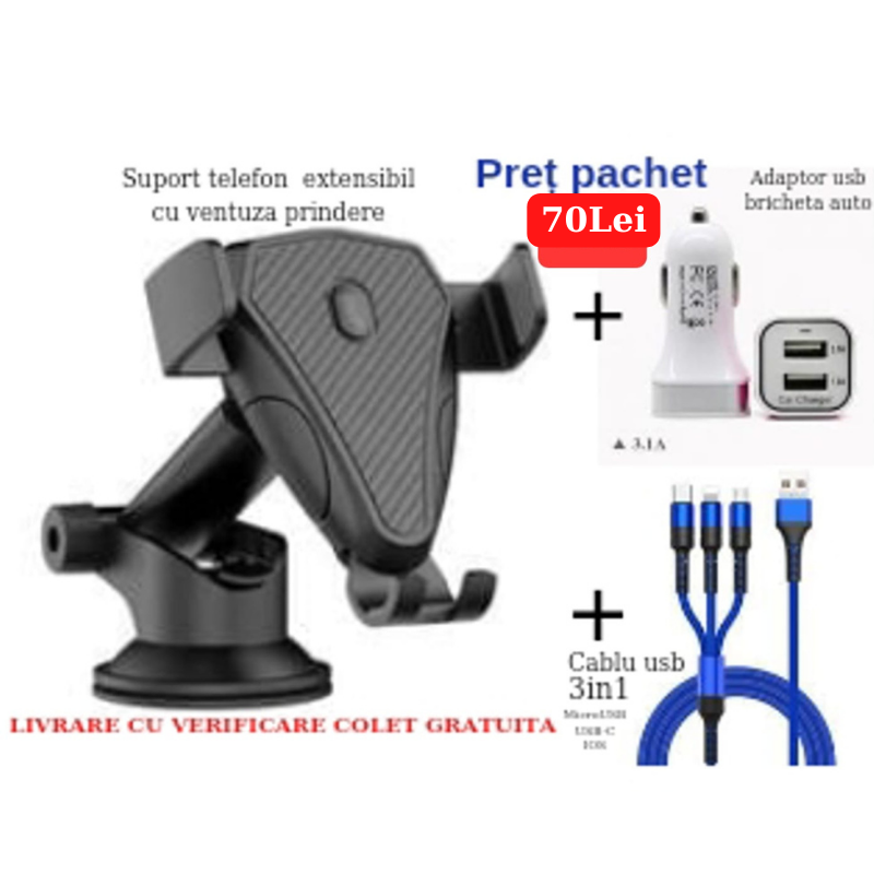 LIVRARE GRATUITA Suport telefon 3BRATE telescopic cu ventuza + Incarcator telefon auto + Cablu USB 3in1(Iphone,usb-C,microUSB)