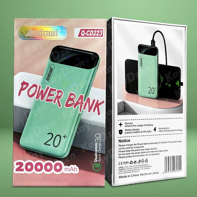 UMB Power Bank Andowl Q-CD223 20000 mAh QC 3.0 Baterie externă cu încărcare rapidă Verde (power bank, baterie portabilă)