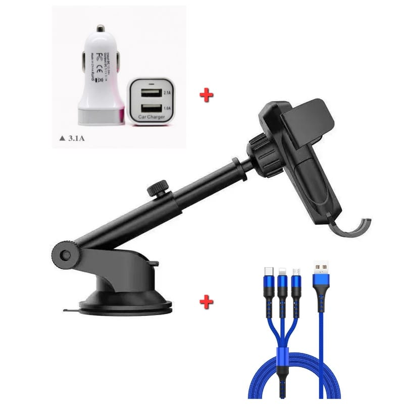 LIVRARE GRATUITA Suport telefon 3BRATE telescopic cu ventuza + Incarcator telefon auto + Cablu USB 3in1(Iphone,usb-C,microUSB)