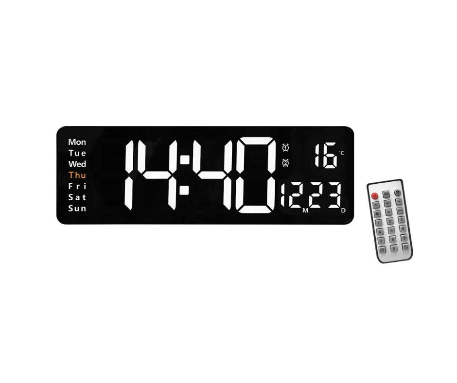 Ceas Digital de Perete, cu Telecomanda, Functie de Termometru, Calendar, Temporizator, Alarma Dubla, Alimentare Cablu/Baterie, Luminozitate Ajustabila, Negru, LED Alb
