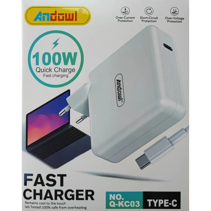 Incarcator Andowl cu Cablu USB Type-C, Incarcare Super Rapida de 100W, Compatibil Laptop/Tableta/Smartphone, Apple Macbook Pro/Air, Alb