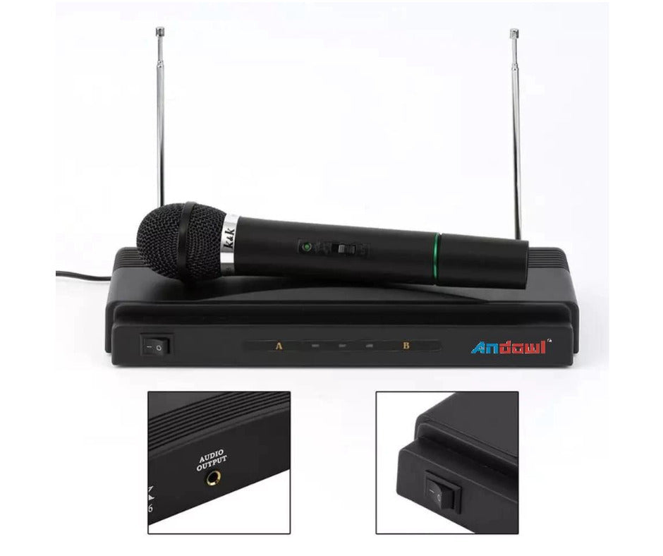 Kit Microfon Profesional fara Fir Andowl, Microfon Wireless Karaoke, Sistem statie sunet si microfon karaoke, negru