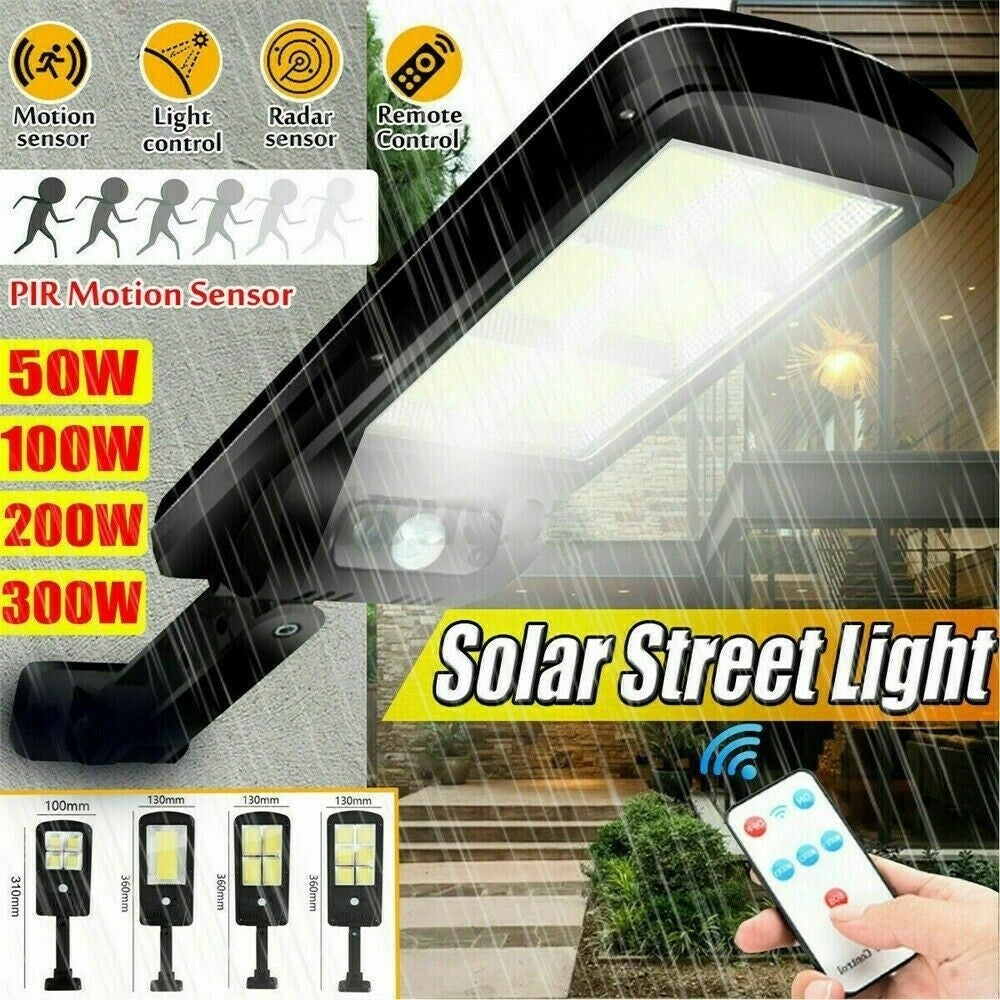 set 3x Lampa solara stradala 150 LED SMD, cu senzor de miscare, panou solar incorporat, brat de montare inclus si telecomanda cu functii multiple de setare a intensitatii luminoase si timpului de functionare