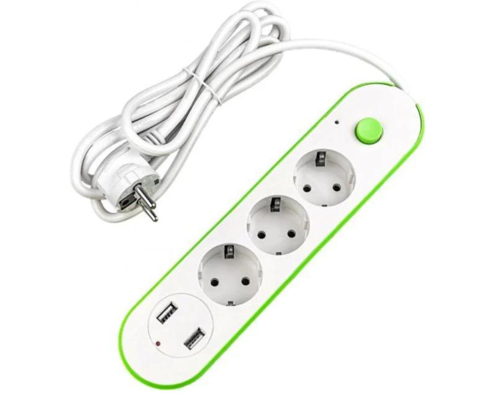 Prelungitor 3 prize, 2 usb-uri, lungime cablu 2m