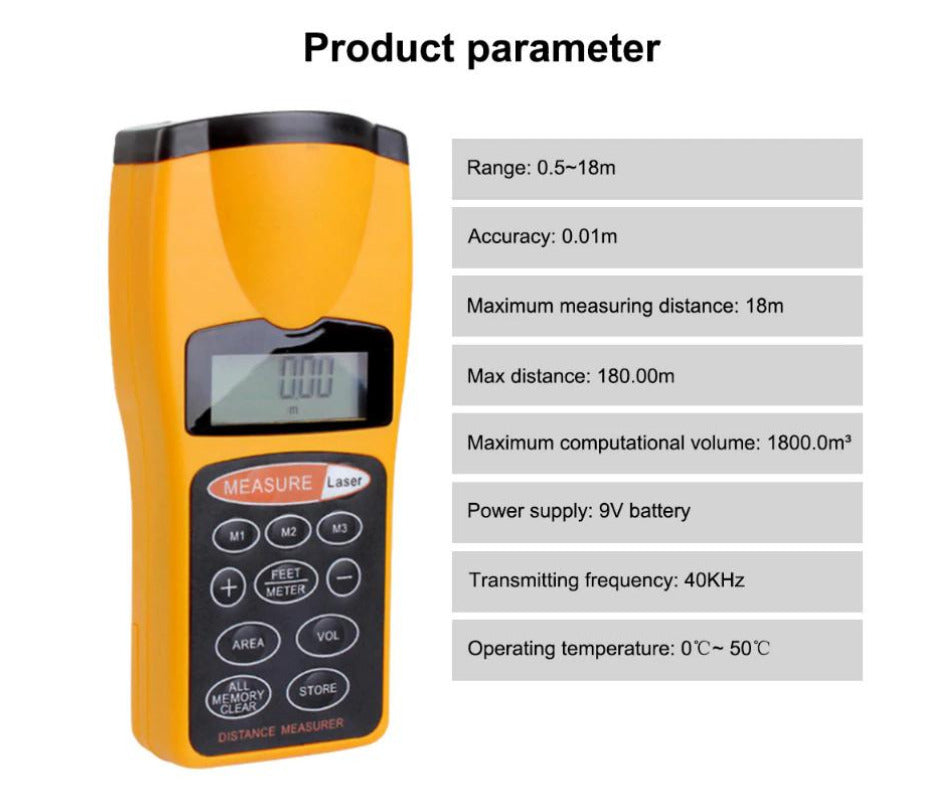 Telemetru cu Laser Andowl, Ruleta Electronica Profesionala, Telemetru Digital cu Laser si Ultrasunete, Instrument de Masurare Distanta in metri si centimetri, galben