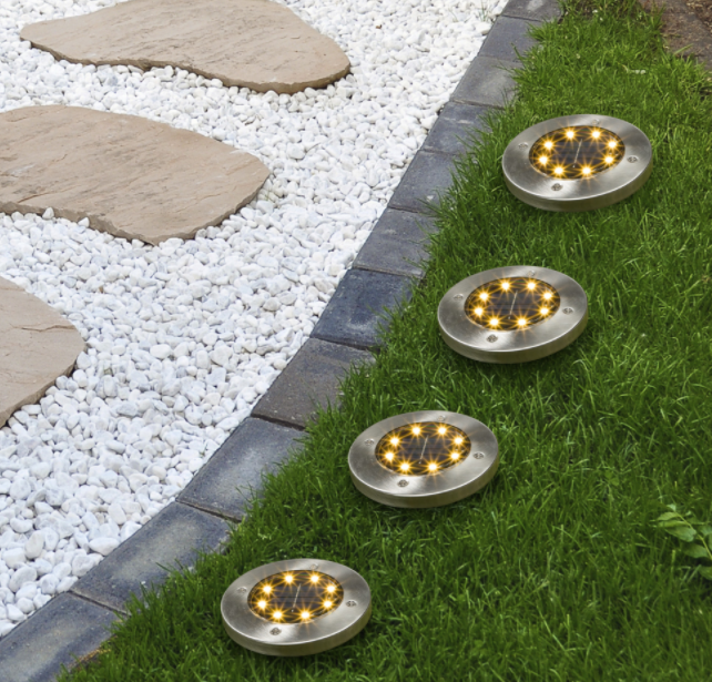 Set 4 Lampi Solare Gradina Tip Spot, 8 Leduri, 12X2.5 Cm, Impermeabil, Argintiu, Metal/Sticla