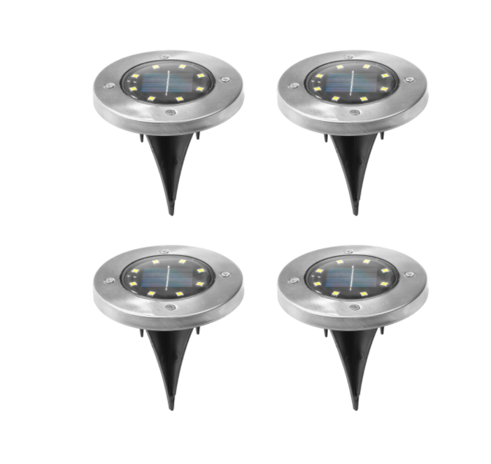 Set 4 Lampi Solare Gradina Tip Spot, 8 Leduri, 12X2.5 Cm, Impermeabil, Argintiu, Metal/Sticla