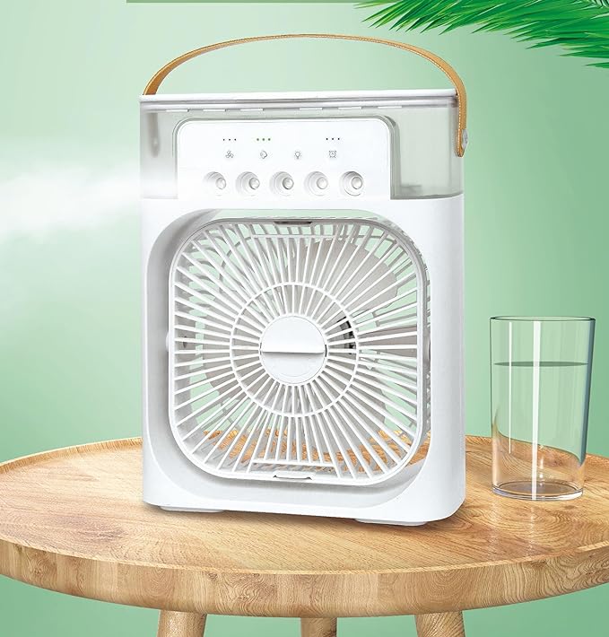 Ventilator portabil 3 în 1 cu pulverizare: racorire, umidificare și iluminare în 7 culori