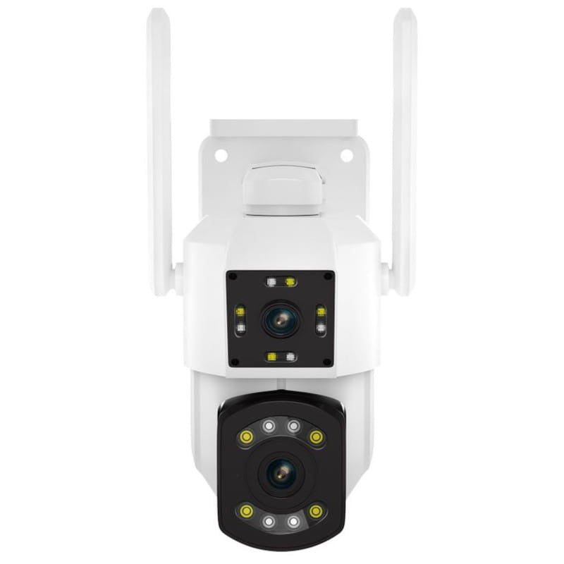 Camera supraveghere exterior cu Detector de mișcare WiFi  PT210 cu două lentile/camere una fixa si una robotizata ,alb