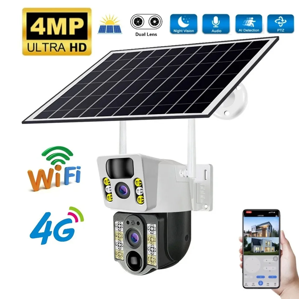 Cameră solară fără fir 4K, 8MP, 4G Sim ,Cameră IP Wifi cu lentilă duală pentru exterior PIR ,Viziune nocturnă , securitate CCTV