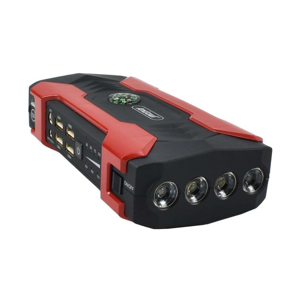 Starter auto Andowl, Q-D1030, pentru motor benzina/diesel, multifunctional, 15000 mAh, 12V-19 V output, 4 iesiri USB, lumini de urgenta, busola, 17X8.8X3.8 cm, temperaturi de rezistenta -40 C, +80 C, afisaj electronic, ciocan multifunctional, rosu/negru