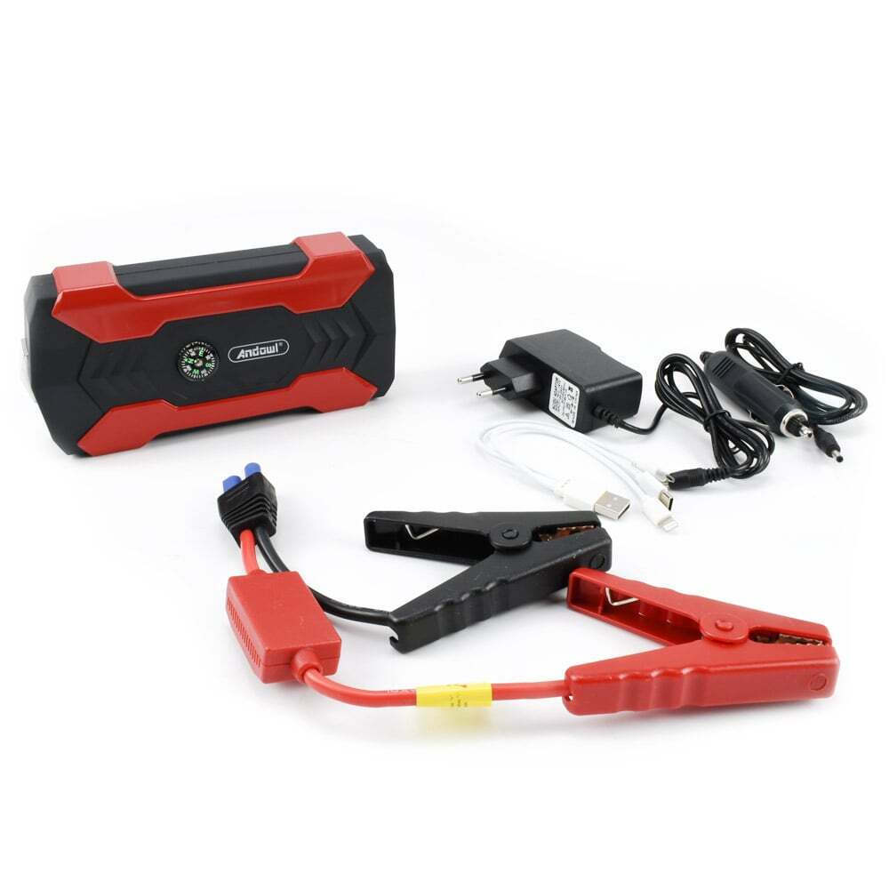 Starter auto Andowl, Q-D1030, pentru motor benzina/diesel, multifunctional, 15000 mAh, 12V-19 V output, 4 iesiri USB, lumini de urgenta, busola, 17X8.8X3.8 cm, temperaturi de rezistenta -40 C, +80 C, afisaj electronic, ciocan multifunctional, rosu/negru