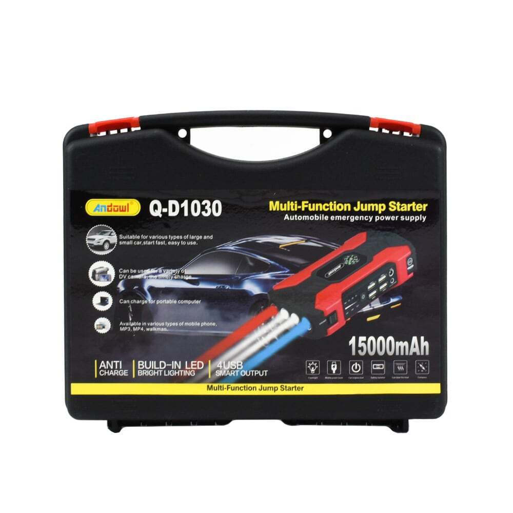 Starter auto Andowl, Q-D1030, pentru motor benzina/diesel, multifunctional, 15000 mAh, 12V-19 V output, 4 iesiri USB, lumini de urgenta, busola, 17X8.8X3.8 cm, temperaturi de rezistenta -40 C, +80 C, afisaj electronic, ciocan multifunctional, rosu/negru