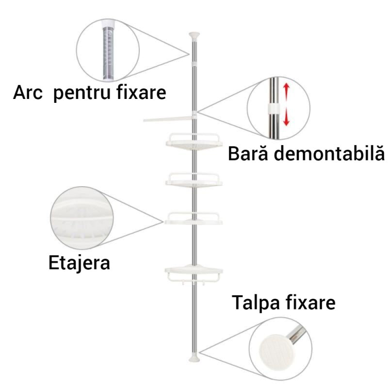 LIVRARE GRATUITA Etajera colt pentru baie si dus, 4 rafturi, inaltime reglabila , montare pe colt