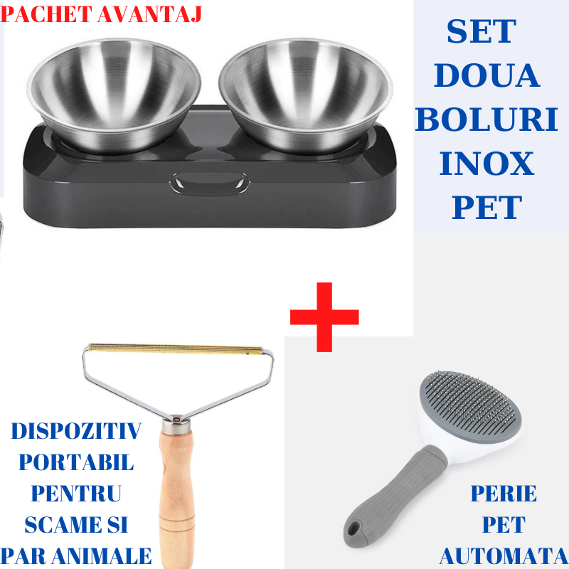 Pachet Avantaj: Set 2 Boluri inox Cu suport pet+Perie par automat+Dispozitiv indepartat Scame/par